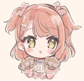 1girl :o animal_hands bone_hair_ornament bow brown_gloves chibi chibi_only chinese_zodiac commentary_request gloves hair_bow hair_ornament hairclip looking_at_viewer love_live! love_live!_nijigasaki_high_school_idol_club lowres medium_hair official_alternate_costume open_mouth parallel_hairclips paw_gloves pink_bow pink_hair sanzashi_(dandelion3373) solo two_side_up uehara_ayumu year_of_the_dog yellow_eyes