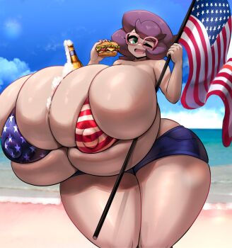 1girl american_flag american_flag_bikini american_flag_print beach between_breasts bikini bottle_between_breasts breasts burger bursting_breasts cloud covered_erect_nipples curvy day deep_skin eyelashes female_focus flag flag_print flag_print_bikini food gigantic_breasts gipehtyboo glasses highres holding holding_burger holding_flag holding_food looking_at_viewer micro_bikini nintendo ocean one_eye_closed open_mouth pokemon pokemon_sm print_bikini sand shorts sky solo swimsuit thick_thighs thighs wicke_(pokemon) wide_hips wink
