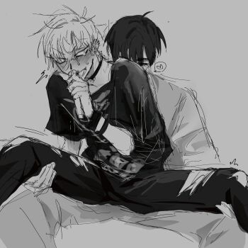 2boys alien_stage blush choker commentary english_commentary greyscale hawk_till heart highres holding holding_microphone ivan_(alien_stage) male_focus microphone monochrome multiple_boys official_alternate_costume pants sitting sitting_on_lap sitting_on_person skeleton_print spoken_heart spread_legs till_(alien_stage) torn_clothes torn_pants yaoi