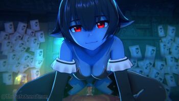 1boy 1girl 3d animated anna_anon artist_name assertive_female blue_hair blue_skin breasts colored_skin commentary cum cum_in_pussy demon_girl detached_sleeves english_commentary erection girl_on_top highres indoors koikatsu_(medium) large_breasts looking_at_viewer looping_animation musi_cassie naughty_face opalu_(voice_actor) original penis pov pov_crotch pussy_juice red_eyes sex short_hair sound straddling tongue tongue_out vaginal video watermark