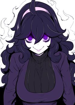 1girl absurdres ahoge alternate_breast_size_(larger) aura black_hair breasts commentary curly_hair dress english_commentary glowing glowing_eyes hairband hex_maniac_(pokemon) hex_maniac_(pokemon_xy) highres large_breasts long_sleeves lughost nintendo pink_hairband pink_lips pokemon pokemon_xy purple_eyes smile solo turtleneck turtleneck_dress upper_body