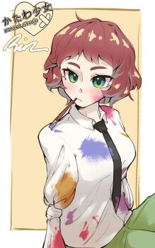 1girl absurdres amputee armless_amputee artist_request black_necktie border character_name collared_shirt commentary copyright_logo copyright_name double_amputee english_commentary eyelashes green_eyes green_pants highres holding holding_paintbrush katawa_shoujo logo mouth_hold necktie paint_on_clothes paint_splatter paint_splatter_on_face paintbrush paintbrush_in_mouth pants red_hair school_uniform shirt short_hair sleeve_tied_shut solo tezuka_rin white_border white_shirt yamaku_high_school_uniform
