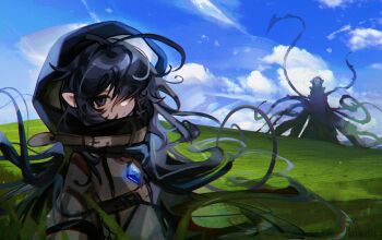 1girl ahoge black_coat black_eyes black_hair bliss_(image) blue_gemstone blue_sky closed_mouth cloud cloud_(lufaeris) coat commentary day english_commentary gem hair_over_one_eye highres hill hood hood_up hooded_coat huge_ahoge long_hair looking_at_viewer messy_hair microsoft_windows monster one_eye_covered original outdoors pointy_ears sky solo tentacles upper_body windows_xp