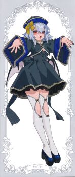1girl :o absurdres alternate_costume bat_wings black_dress black_nails black_shoes blue_hair blue_hat border bow breasts cleavage dress floral_border flower full_body gotoh_(nekocat) grey_border hair_between_eyes hat hat_bow highres jiangshi_costume long_sleeves medium_hair nail_polish open_mouth outstretched_arms qingdai_guanmao red_eyes remilia_scarlet rose scan shoes simple_background solo thighhighs third-party_source touhou white_background white_thighhighs wide_sleeves wings yellow_bow zombie_pose