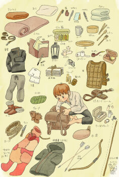 1boy ankle_boots armor arrow_(projectile) arrow_(symbol) backpack bag bandages belt belt_pouch black_pants black_shirt blanket blush boots bow_(weapon) bowl box brown_boots brown_gloves brown_hair candle chilchuck_tims chopsticks clothes_pin collared_shirt commentary_request compass cup dungeon_meshi fingerless_gloves first_aid_kit fork gem gloves green_scarf grey_hoodie hako28garden halfling hand_mirror highres hood hoodie knife lantern leather_armor letter male_focus male_underwear mattress mirror mug neck_warmer note pants paper_stack patchwork_clothes pelt pen pouch rope scarf scissors shirt short_hair short_sleeves shorts signature simple_background sitting smoking_pipe solo spoon tobacco tools toothbrush turtleneck underwear waterskin weapon white_male_underwear white_shirt yarn yellow_background