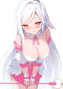 1girl blue_archive blush breasts bright_pupils bustier corset detached_sleeves halo head_wings highres holding holding_staff large_breasts long_hair looking_at_viewer mage_staff magical_girl official_alternate_costume pink_corset pink_halo red_eyes single_hair_intake single_head_wing single_wing skirt skirt_tug solo staff suzumi_(blue_archive) suzumi_(magical)_(blue_archive) tatsumiya_kagari very_long_hair white_hair wings