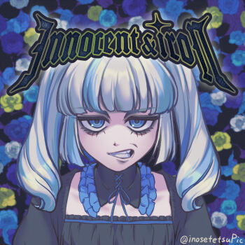 Rule 34 | album cover redraw, bags under eyes, black dress, blue eyes, blue flower, circle name, collar, commentary request, derivative work, detached collar, dress, english text, floral background, flower, frilled collar, frills, grimace, half-closed eyes, highres, inose tetsu, inose tetsu (character), kinniku shoujo-tai, looking at viewer, multicolored hair, original, parody, portrait, sanpaku, straight-on, streaked hair, twintails, twitter username, white hair