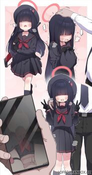 1girl 1other beret black_choker black_gloves black_hair black_hat black_sailor_collar black_serafuku black_skirt blue_archive blunt_bangs blush cellphone choker collarbone duplicate gloves hair_over_eyes halo hat highres holding justice_task_force_member_(blue_archive) loffo long_hair long_sleeves neckerchief necktie open_mouth phone pleated_skirt red_halo red_neckerchief sailor_collar school_uniform serafuku sex_toy shirt sidelocks skirt socks solo trinity_general_school_logo vibrator white_shirt