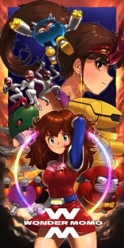 2girls amazona antennae artist_name badge belt black_eyes black_hair blue_belt blue_eyes blue_eyeshadow blue_sleeves bodysuit boots breasts brown_hair closed_mouth commentary copyright_name dress drone earrings eyeshadow glint gloves glowing hand_in_own_hair headpiece high_ponytail highres holding_hula_hoop hoop hula_hoop japanese_clothes jewelry kainan kanda_momo long_hair makeup mask medium_breasts monster multiple_girls ninja pincers ponytail red_dress red_eyes robot short_dress shoulder_pads smile standing white_bodysuit white_boots white_gloves wonder_momo