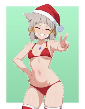 1girl ^_^ absurdres ai-assisted alternate_costume animal_ear_fluff animal_ears arched_bangs armpits bikini blunt_ends blush border bow breasts brown_hair cat_ears cat_girl chest_jewel christmas closed_eyes collarbone commentary cowboy_shot english_commentary facial_mark facing_viewer forehead_mark foreshortening gem gluteal_fold green_background grin guilegaze hair_bow hand_on_own_hip hat highres navel nia_(xenoblade) outside_border purple_gem red_bikini red_thighhighs santa_hat shiny_skin short_hair small_breasts smile solo swimsuit thighhighs tilted_headwear v variant_set white_border white_trim xenoblade_chronicles_(series) xenoblade_chronicles_2 yellow_bow