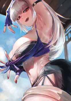 1girl armpits bikini black_bikini blue_gloves blue_sky breasts cleavage cloud cloudy_sky commentary_request day eine_lotta fang fingerless_gloves from_below from_side gloves highres indie_virtual_youtuber large_breasts long_hair looking_at_viewer looking_down nail_polish outdoors red_eyes red_nails skin_fang sky solo strapless strapless_bikini summer sweat swimsuit teda_(teba3939) textless_version virtual_youtuber white_hair