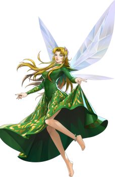 1girl anklet artist_request blonde_hair blue_eyes breasts cleavage demon_(megami_tensei) dress flower green_dress hair_flower hair_ornament highres jewelry official_art persona persona_5 persona_5:_the_phantom_x pink_flower pointy_ears red_nails shin_megami_tensei skirt_hold solo third-party_source titania_(megami_tensei) transparent_background wings