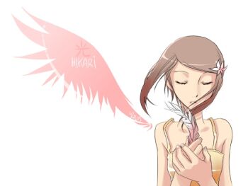Rule 34 | 00s, 1girl, brown hair, camisole, closed eyes, digimon, digimon adventure 02, feathers, female focus, hair ornament, short hair, simple background, single wing, solo, wind, wings, yagami hikari
