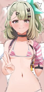 Rule 34 | 1girl, :>, arm warmers, bag, bikini, blush, breasts, commentary, earrings, embarrassed, green eyes, green hair, hair ornament, hand up, heart, jewelry, looking at viewer, micro bikini, multicolored bikini, multiple hair clips, musical note earrings, navel, small breasts, solo, striped arm warmers, sunna (zenless zone zero), sweatdrop, swimsuit, two-tone bikini, upper body, v, whin, white wings, winged bag, wings, zenless zone zero