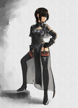 Rule 34 | 10h (nier reincarnation), 10h (nier reincarnation) (cosplay), 1girl, black boots, black capelet, black dress, black gloves, black hair, blindfold, boots, brown hair, capelet, closed mouth, cosplay, dress, final fantasy, final fantasy vii, final fantasy vii: ever crisis, full body, garter straps, gloves, hand on own hip, high heel boots, high heels, highres, looking to the side, nier (series), nier reincarnation, official alternate costume, pelvic curtain, s m man, short hair, solo, standing, thigh boots, thighhighs, thighhighs under boots, yuffie kisaragi