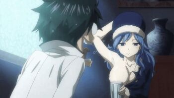 1boy 1girl animated animated_gif armpits blue_hair breasts censored_nipples convenient_censoring couple cup dress fairy_tail gray_fullbuster hat juvia_lockser large_breasts looping_animation pouring shirt shocked_pupils sweat torn_clothes torn_coat torn_dress torn_shirt vase very_sweaty