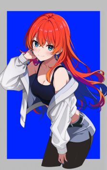 1girl belt between_legs black_belt black_pantyhose blue_background blue_eyes blue_nails blue_skirt blush breasts cleavage closed_mouth collarbone colored_inner_hair commentary_request cowboy_shot crop_top earrings grey_skirt hair_between_eyes hand_between_legs hand_in_own_hair highres indie_virtual_youtuber jacket jewelry kazenoko leaning_forward long_hair looking_at_viewer medium_breasts midriff miniskirt multicolored_hair off_shoulder orange_hair pantyhose purple_hair red_hair shirt simple_background skirt sleeveless sleeveless_shirt smile solo tadase_kairi white_jacket wind