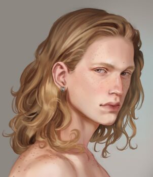 Rule 34 | 1boy, absurdres, annas anya, art study, bare shoulders, blonde hair, close-up, commentary, ear piercing, earrings, english commentary, forehead, freckles, grey eyes, highres, jewelry, lips, looking at viewer, male focus, medium hair, nose, piercing, real life, simple background, single earring, white background