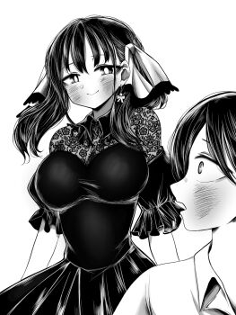 1boy 1girl ao_tanuki black_dress blush boku_no_kokoro_no_yabai_yatsu breasts butterfly_hair_ornament closed_mouth collared_dress collared_shirt commentary dated_commentary dress earrings greyscale hair_ornament highres ichikawa_kyoutarou jewelry lace_dress large_breasts looking_at_another medium_hair monochrome open_mouth profile shirt short_hair simple_background smile twintails white_background white_shirt yamada_anna