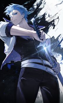1boy absurdres belt belt_buckle black_background black_pants black_shirt bleach blue_eyes blue_hair buckle closed_mouth grimmjow_jaegerjaquez highres holding holding_sword holding_weapon jacket karrr_on looking_at_viewer male_focus multiple_belts open_clothes open_jacket pants sheath shirt short_hair solo sword two-tone_background unsheathing weapon white_background white_belt white_jacket