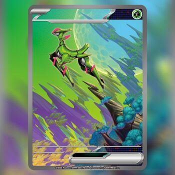 black_sclera card_(medium) colored_sclera commentary company_name copyright_name copyright_notice english_commentary from_side full_body full_moon green_sky iron_leaves moon nagimiso nintendo non-humanoid_robot official_art outdoors pink_eyes pokemon pokemon_(creature) pokemon_card pokemon_focus pokemon_tcg robot robot_animal sky solo textless_version third-party_source trading_card tree