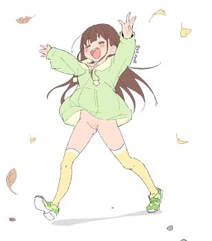 1girl autumn_leaves bar_censor bottomless brown_hair censored closed_eyes exhibitionism falling_leaves full_body green_jacket green_shoes highres jacket leaf loli long_hair misskey.io_username okura-chan_(at_nya5) okura-chan_(at_nya5)_(character) original pom_pom_(clothes) public_indecency pussy round_teeth shadow shoes simple_background solo teeth thighhighs upper_teeth_only walking webp-to-png_conversion white_background yellow_thighhighs