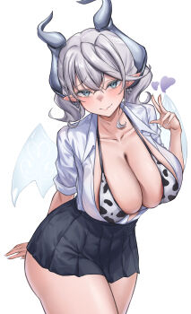 1girl absurdres animal_print bikini black_bikini black_skirt breasts commentary_request cow_print cow_print_bikini cowboy_shot demon_girl demon_horns demon_wings duel_monster earrings grey_eyes grey_hair highres horns jewelry large_breasts lovely_labrynth_of_the_silver_castle multicolored_bikini neko_punch_(user_hddm3373) open_clothes open_shirt pointy_ears print_bikini shirt simple_background skirt solo swimsuit transparent_wings two-tone_bikini white_background white_bikini white_shirt white_wings wings yu-gi-oh!