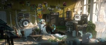 1boy 3d arknights bart_simpson boots commentary_request computer dark-skinned_male dark_skin double-flo drum electric_guitar ethan_(arknights) goggles guitar hood hood_down indoors instrument keyboard_(instrument) laptop lizard_tail male_focus plant tail the_simpsons