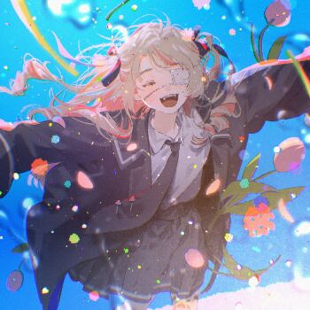 Rule 34 | 1girl, :3, backlighting, blazer, blue background, blue jacket, blue necktie, blue ribbon, blue sailor collar, blue skirt, blurry, bokeh, closed eyes, collared shirt, colored inner hair, commentary, cowboy shot, depth of field, drill hair, eyepatch, fangs, flower, grey hair, hair intakes, hair ribbon, heart, highres, jacket, lapels, leg tattoo, light particles, long hair, long sleeves, makaino ririmu, maruko inari, medical eyepatch, miniskirt, monitoring (vocaloid), multicolored hair, necktie, nijisanji, notched lapels, official alternate costume, official alternate hairstyle, open clothes, open jacket, open mouth, outstretched arms, pink flower, pink hair, pink streaks, pink tulip, pleated skirt, pointy ears, ribbon, sailor collar, school uniform, shirt, shirt tucked in, sidelocks, skirt, smile, solo, spread arms, streaked hair, symbol-only commentary, tattoo, teeth, tie clip, tulip, two-tone hair, two side up, upper teeth only, virtual youtuber, water drop, wet lens, white shirt, wind, winged heart, winged heart tattoo