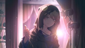 Rule 34 | 1boy, blonde hair, blue shirt, closed mouth, collarbone, colorful palette, deeper and deeper (project sekai), game cg, highres, hood, hood up, looking at viewer, male focus, official art, orange eyes, project sekai, shirt, smile, solo, tenma tsukasa, third-party source, thumbs up, torn clothes, torn shirt