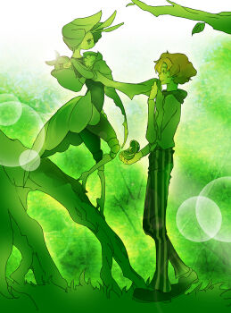 1boy 1girl :3 antennae arm_up arthropod_girl bad_id bad_pixiv_id burgh_(pokemon) closed_eyes closed_mouth day eye_contact forest from_side full_body furry furry_female furry_with_non-furry gen_5_pokemon grass green_background green_theme half-closed_eyes hand_on_own_chest hand_up heel_up height_difference hetero holding holding_hands holding_poke_ball holding_pokemon interspecies joints kissing_hand leavanny lens_flare long_sleeves looking_at_another marriage_proposal monochrome nature nintendo nokuta_(2468895) orange_hair outdoors outstretched_arm pants plant_roots poke_ball pokemon pokemon_(creature) pokemon_bw sewaddle shirt shirt_tucked_in shoes short_hair sidelocks sleeping standing striped_clothes striped_pants swadloon tree u_u