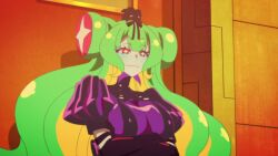 1girl animated anime_screenshot black_gloves blonde_hair bouncing_breasts breasts colored_skin cthulhu_(necronomico_no_cosmic_horror_show) cygames dress elbow_gloves eldritch_abomination gloves gradient_hair green_hair green_skin highres large_breasts mayusaka_mayu multicolored_hair necronomico_no_cosmic_horror_show possessed possession purple_dress red_eyes red_hair revealing_clothes smile sound star-shaped_pupils star_(symbol) symbol-shaped_pupils tagme upper_body video