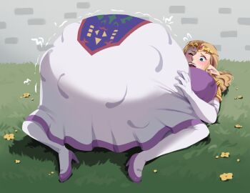 1girl big_belly blonde_hair blue_eyes blush castle commission commissioner_upload courtyard dress fantasy flower giving_birth grass hand_on_own_stomach hyper_pregnancy kaijinx kicking long_hair lying nintendo on_back one_eye_closed open_mouth outdoors pink_dress pink_heels pointy_ears pregnant princess princess_zelda screaming solo stomach stomach_bulge the_legend_of_zelda the_legend_of_zelda:_ocarina_of_time wince