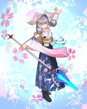 1girl blue_background closed_eyes closed_mouth commentary commission cosplay curly_hair english_commentary final_fantasy final_fantasy_x grey_hair hakama head_wings highres holding holding_weapon japanese_clothes melia_antiqua outstretched_arms pink_petals purple_hakama sash shutwig smile solo standing weapon wide_sleeves wings xenoblade_chronicles:_future_connected xenoblade_chronicles_(series) xenoblade_chronicles_1 yuna_(ff10) yuna_(ff10)_(cosplay)