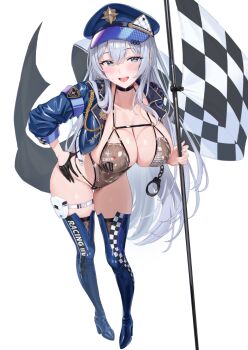1girl :d black_choker black_gloves blue_boots blue_eyes blue_hat blue_jacket blush boots breasts checkered_flag choker cleavage cuffs flag full_body gloves half_gloves hand_on_own_hip handcuffs hat high_heel_boots high_heels highleg highleg_leotard huge_breasts jacket leaning_forward leotard long_hair long_sleeves looking_at_viewer open_clothes open_jacket open_mouth original police_hat race_queen see-through_clothes see-through_leotard sg_(satoumogumogu) shion_alfine_(satoumogumogu) simple_background single_glove smile solo standing thigh_boots thigh_strap white_background white_hair