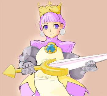 1girl armor armored_dress crown dress earrings female_focus gauntlets gold_crown gradriel gradriel_de_valendia himajima_wahito jewelry princess_crown purple_eyes purple_hair short_hair smile solo spikes sword weapon