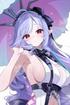 1girl adjusting_hair armpits breasts clothing_cutout deyui drill_hair drill_sidelocks heart heart-shaped_pupils heart_cutout highres large_breasts long_hair looking_at_viewer multicolored_hair official_alternate_costume one-piece_swimsuit parted_lips purple_hair red_eyes revision sideboob sidelocks simple_background solo streaked_hair sweat swimsuit symbol-shaped_pupils umbrella_over_shoulder upper_body vivian_banshee vivian_banshee_(iris_of_the_shore) white_background white_hair white_one-piece_swimsuit zenless_zone_zero