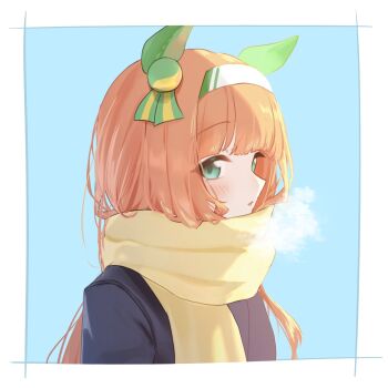 Rule 34 | 1girl, aqua background, blue jacket, border, breath, commentary, cosplay, ear covers, ear ornament, from side, green eyes, hairband, highres, jacket, katuko deluxe, looking at viewer, orange hair, scarf, silence suzuka (umamusume), solo, symbol-only commentary, umamusume, upper body, white border, white hairband, yellow scarf