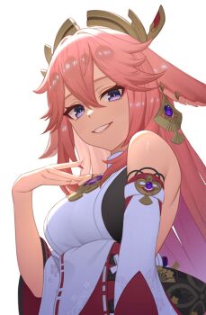 absurdres animal_ears arm_at_side armpit_crease artist_request back backless_outfit bare_back bare_shoulders breasts detached_sleeves earrings eyelashes fingernails floppy_ears fox_ears genshin_impact hair_between_eyes hair_flaps hair_ornament hand_up highres huge_filesize japanese_clothes jewelry large_breasts long_hair looking_at_viewer nail_polish necklace no_bra nontraditional_miko parted_lips pendant pink_hair pink_nails purple_eyes shoulder_blades sidelocks simple_background single_earring smile smug upper_body very_long_hair vision_(genshin_impact) white_background wide_sleeves yae_miko