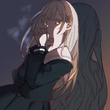 Rule 34 | 2girls, bang dream!, bang dream! it's mygo!!!!!, blue shirt, blue skirt, commentary, green hair, hair ornament, hairclip, long hair, long sleeves, multiple girls, sailor collar, school uniform, setou (bpdne), shirt, skirt, untranslatable commentary, togawa sakiko, tsukinomori school uniform, two side up, upper body, wakaba mutsumi, white sailor collar, yellow eyes