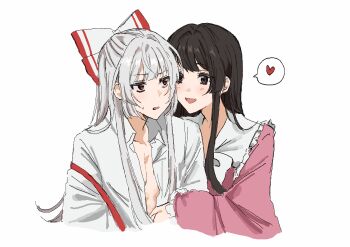 Rule 34 | 2girls, absurdres, black hair, bow, brown hair, commentary, dress, fujiwara no mokou, hair bow, hashtag-only commentary, heart, highres, houraisan kaguya, jyazo pic, long hair, multiple girls, open clothes, open shirt, parted lips, pink dress, red eyes, simple background, spoken heart, sweat, touhou, white background, white bow, white hair, yuri