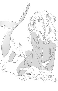 Rule 34 | 1girl, absurdres, barefoot, fins, fish tail, gawr gura, greyscale, highres, hololive, hololive english, monochrome, namagaki ataru, off-shoulder, shark tail, solo, tail, unfinished, virtual youtuber