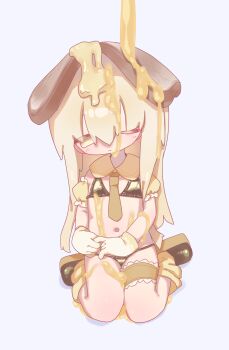 1girl absurdres bikini blonde_hair bread brown_necktie brown_shoes commentary_request detached_collar detached_sleeves dirty egg_(food) flat_chest food gloves gold_bikini highres honey loli long_hair loose_socks navel necktie object_on_head original oversized_food oversized_object shoes sitting socks solo swimsuit thigh_strap toumei_tou wariza white_gloves yellow_eyes