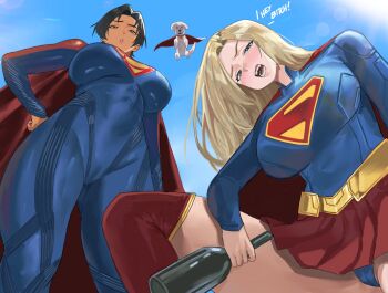 2girls alcohol belt black_hair blonde_hair blue_bodysuit bodysuit boots bottle cape dc_comics dc_extended_universe dc_universe_(franchise) dog drunk from_below highres krypto_the_superdog leotard mugi_(mugit49) multiple_girls pov red_boots red_cape red_skirt skirt sleeved_leotard supergirl supergirl_(2004_costume) superhero_costume superman_(2025) superman_(series) superman_logo the_flash_(movie) white_dog yellow_belt