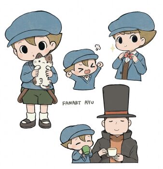 Rule 34 | > <, 2boys, :o, artist name, ayu (mog), black eyes, black hat, black shoes, blue hat, blue sweater, blush stickers, bow, bowtie, brown hair, clenched hands, closed eyes, closed mouth, commentary, cropped torso, cup, double-parted bangs, drinking, english commentary, full body, green shorts, hands up, hat, hershel layton, holding, holding cup, luke triton, male focus, multiple boys, multiple views, open mouth, professor layton, puff of air, red bow, red bowtie, shoes, short hair, shorts, simple background, socks, sparkle, standing, sweater, top hat, white background, white socks