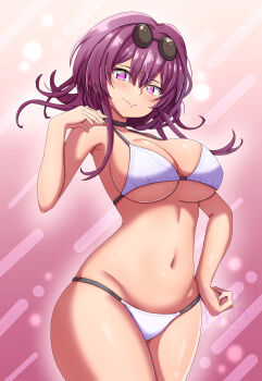 1girl absurdres bikini black_choker breasts choker commentary_request cowboy_shot eyewear_on_head highres honkai:_star_rail honkai_(series) kafka_(honkai:_star_rail) large_breasts looking_at_viewer maho_(corotonton5150) navel purple_background purple_eyes purple_hair round_eyewear short_hair smile solo stomach sunglasses swimsuit thighs underboob white_bikini