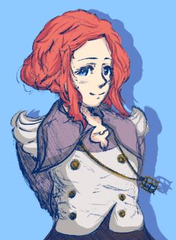 Rule 34 | 1girl, aqua background, aqua eyes, arms behind back, blouse, closed mouth, commentary, drop shadow, english commentary, eyelashes, highres, jewelry, kurashikimisaki, kyokugen dasshutsu, kyokugen dasshutsu adv: zennin shibou desu, luna (kyokugen dasshutsu), necklace, orange hair, purple shirt, shirt, short hair, sidelocks, simple background, smile, solo, upper body, vest, white vest