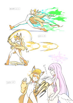 2girls absurdres angel_wings anger_vein animal_ear_fluff animal_ears armpits bare_legs bare_shoulders bikini bindonkan blonde_hair blue_archive breast_punch breasts closed_eyes closed_mouth covered_navel cross_halo dee_jay diamond_cutout drive_rush extra_ears eyes_covered feet fighting_game flat_chest fox_ears fox_girl fox_tail gameplay_mechanics halo highleg highleg_one-piece_swimsuit highres jacket large_breasts loli long_hair long_sleeves low_wings mika_(blue_archive) mika_(swimsuit)_(blue_archive) multiple_girls navel official_alternate_costume one-piece_swimsuit orange-tinted_eyewear pink_hair pink_halo punching sandals seia_(blue_archive) seia_(swimsuit)_(blue_archive) side_ponytail simple_background street_fighter street_fighter_6 sunglasses swimsuit tail tail_ornament thighs tinted_eyewear toes very_long_hair very_long_tail visor_cap white_background white_bikini white_one-piece_swimsuit wings yellow_halo yellow_jacket yellow_sandals yellow_visor
