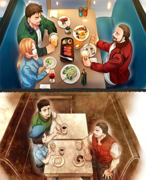 Rule 34 | 1girl, 2boys, barry burton, beard, beard stubble, beer mug, beret, blue hat, blue sweater, brown hair, chris redfield, closed eyes, cup, drink, eating, facial hair, food, green jacket, hat, jacket, jill valentine, mug, multiple boys, nagare, plate, red jacket, resident evil, sitting, stubble, sweater, table