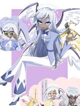 Rule 34 | 2boys, 2girls, abel (hazbin hotel), adjusting eyewear, alternate costume, angel, angel wings, blonde hair, bow, bowtie, colored skin, crossed legs, emily (hazbin hotel), eyelashes, eyeshadow, formal clothes, freckles, glowing, glowing halo, grey hair, grey skin, halo, hazbin hotel, hellaverse, highres, holding, holding removed eyewear, invisible chair, long hair, makeup, multiple boys, multiple girls, multiple wings, sera (hazbin hotel), sitting, speech bubble, st. peter (hazbin hotel), suit, sunglasses, translation request, unworn eyewear, very long hair, wings, yuu sub 27